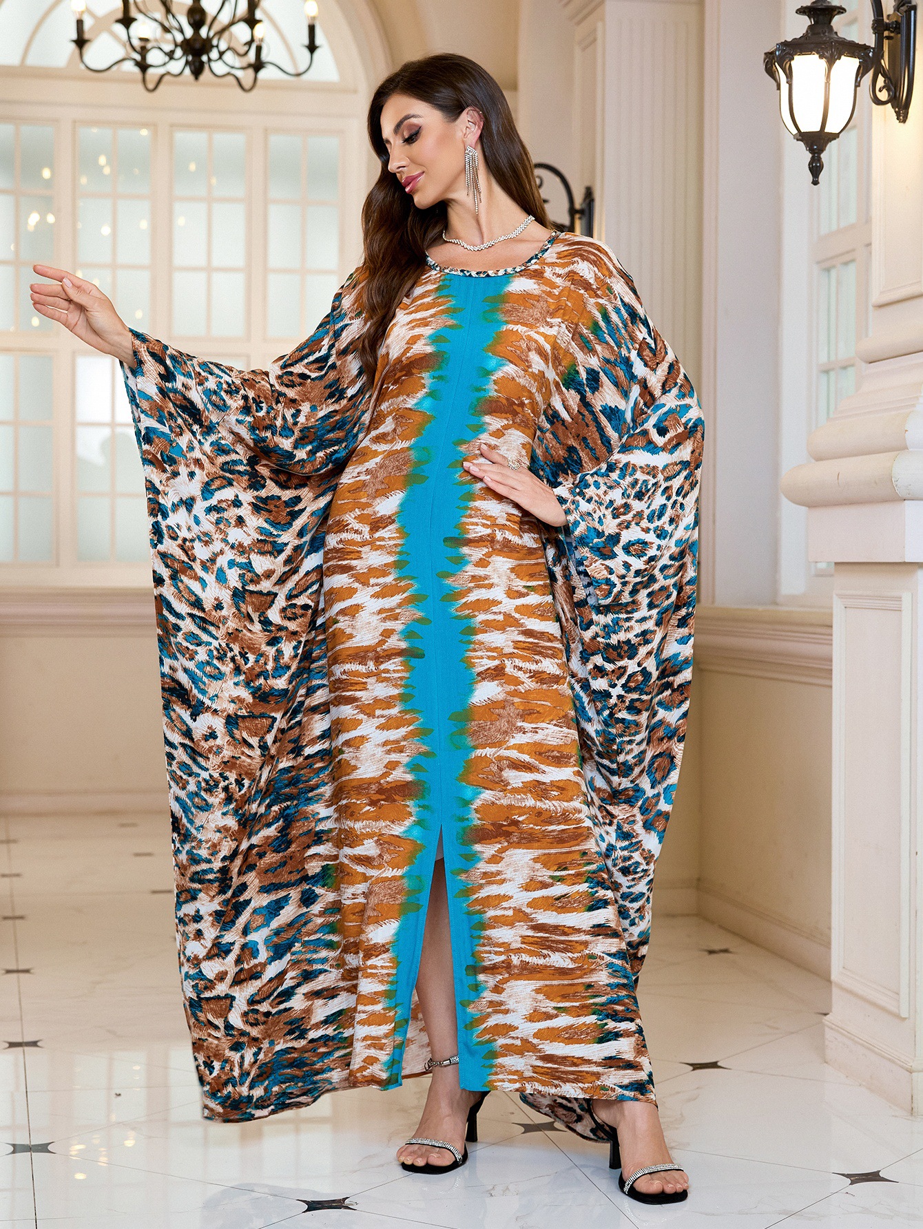 Geometric Pattern Kaftan Maxi Dress with Long Batwing Sleeves for Beach Cover Up